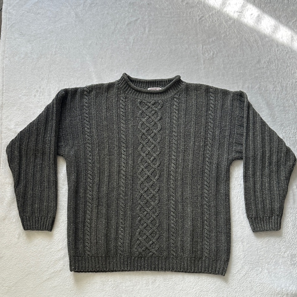Vintage Mens Wool Linen‎ Blend Neutral Cable Knit Mock Neck Fisherman Sweater L